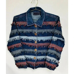 Vintage Casual Designs Women’s Blue Fringed Layers Strips Denim Jacket Medium